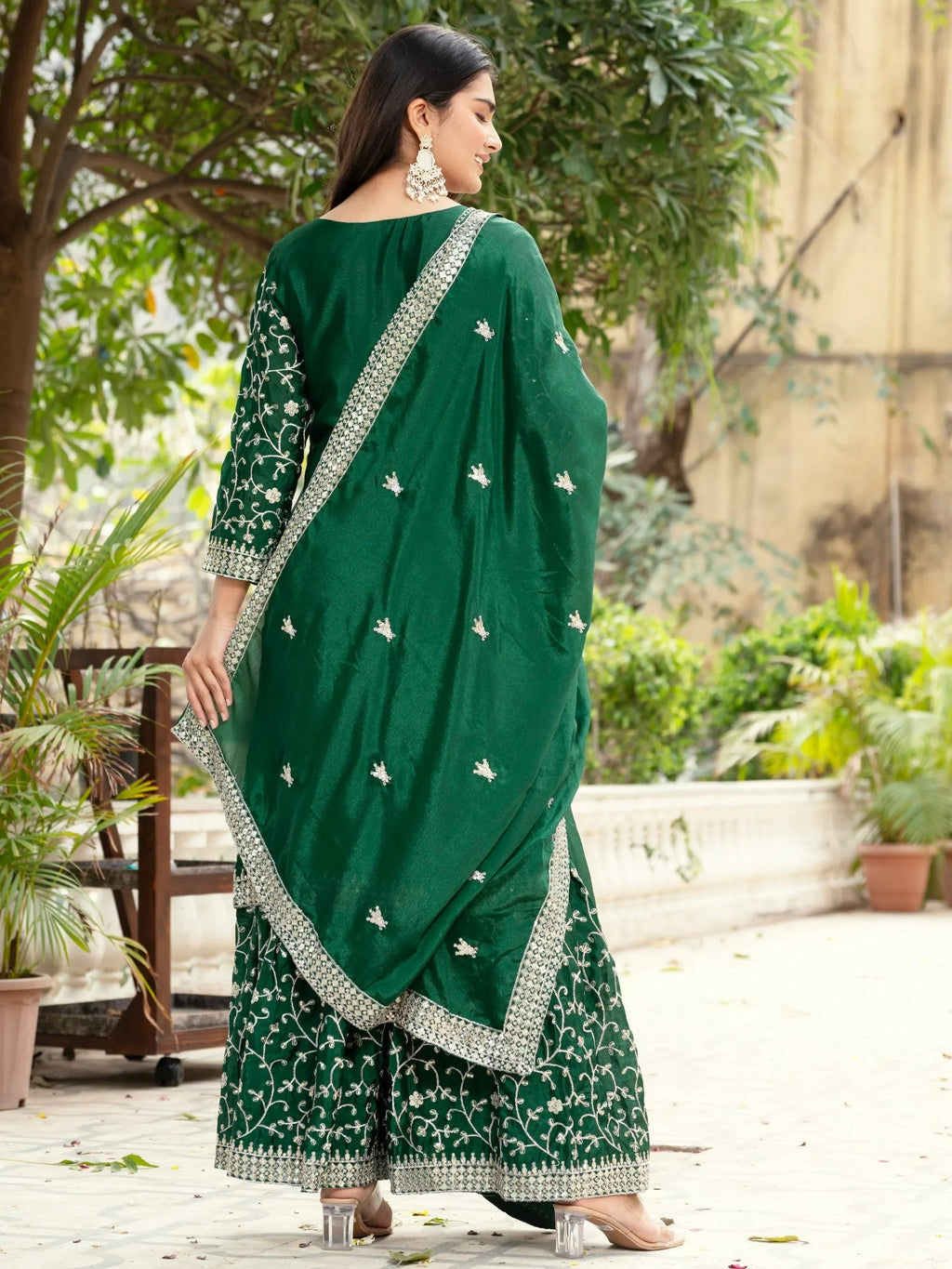 Green Gorgeous Sequins Chinon Festive Wear Sharara Suit With Dupatta