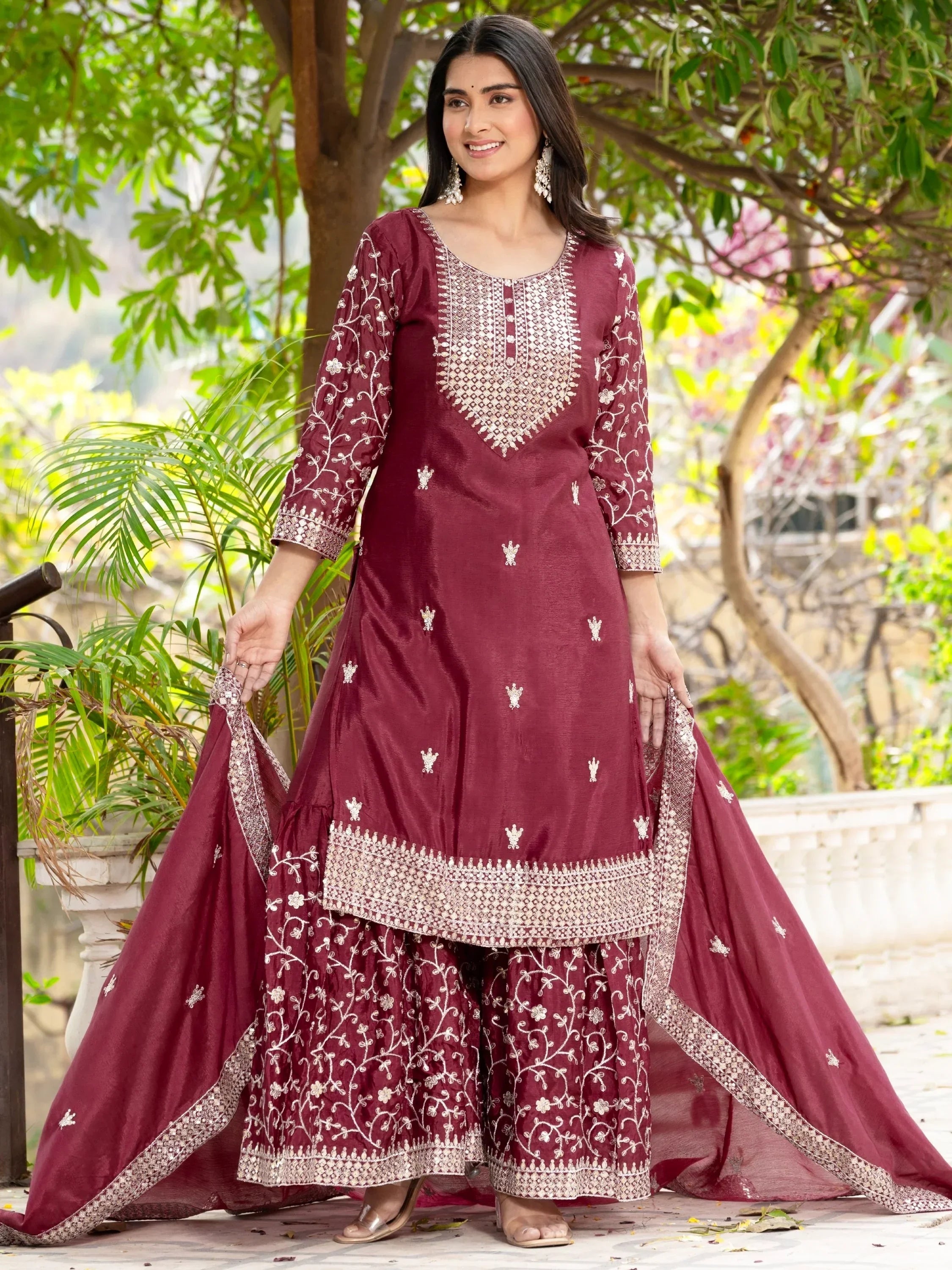 Maroon Gorgeous Sequins Chinon Festive Wear Sharara Suit With Dupatta