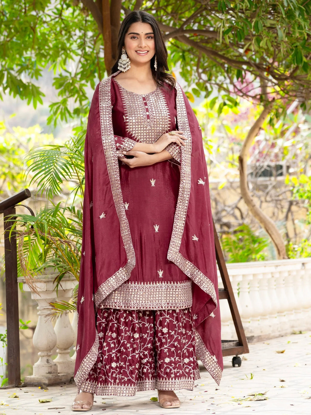 Maroon Gorgeous Sequins Chinon Festive Wear Sharara Suit With Dupatta