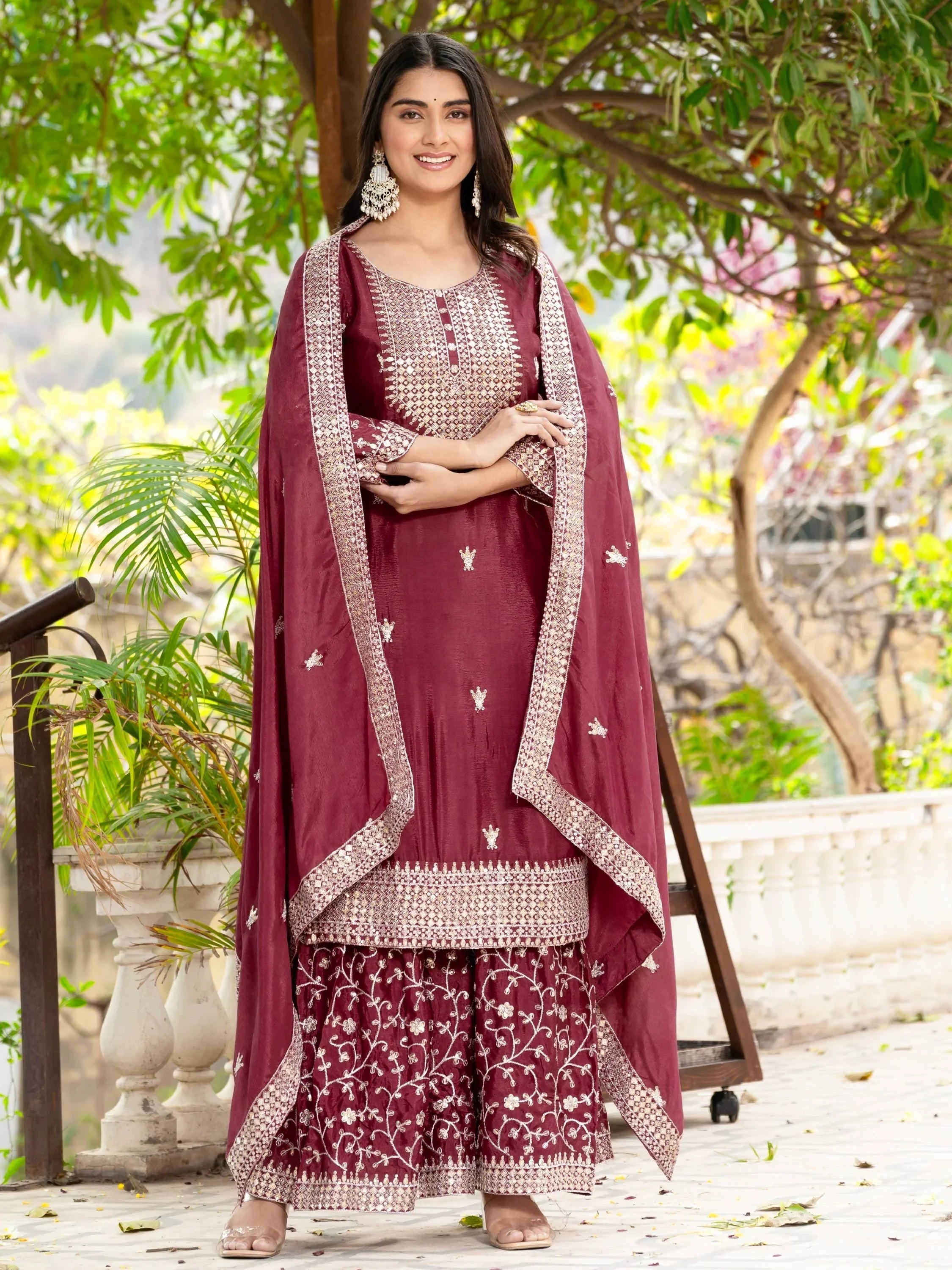Maroon Gorgeous Sequins Chinon Festive Wear Sharara Suit With Dupatta