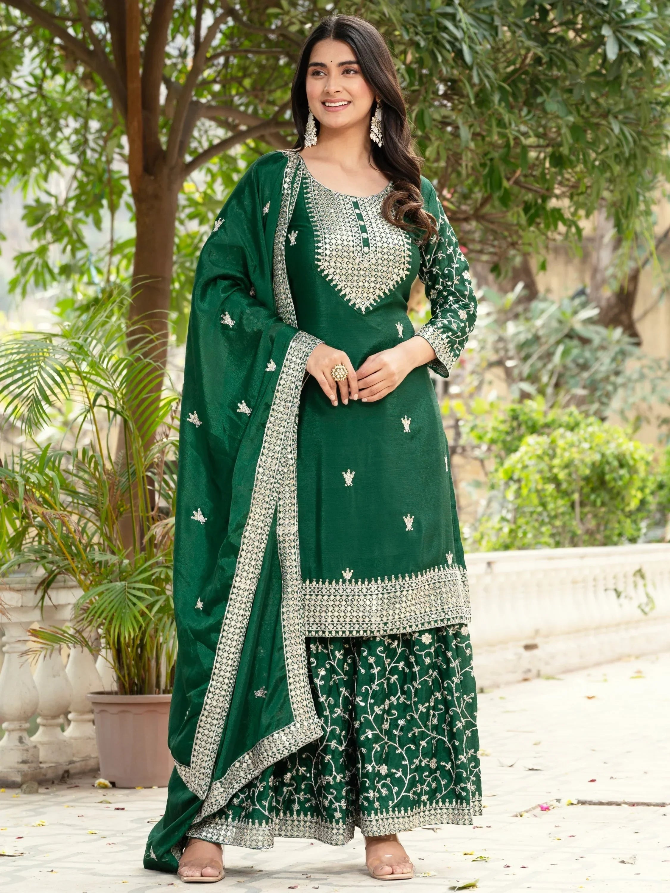 Green Gorgeous Sequins Chinon Festive Wear Sharara Suit With Dupatta