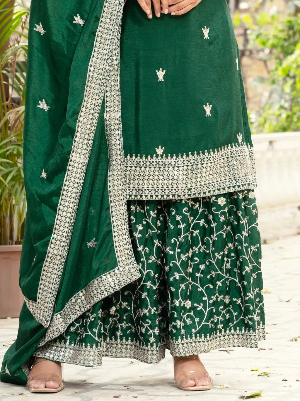 Green Gorgeous Sequins Chinon Festive Wear Sharara Suit With Dupatta