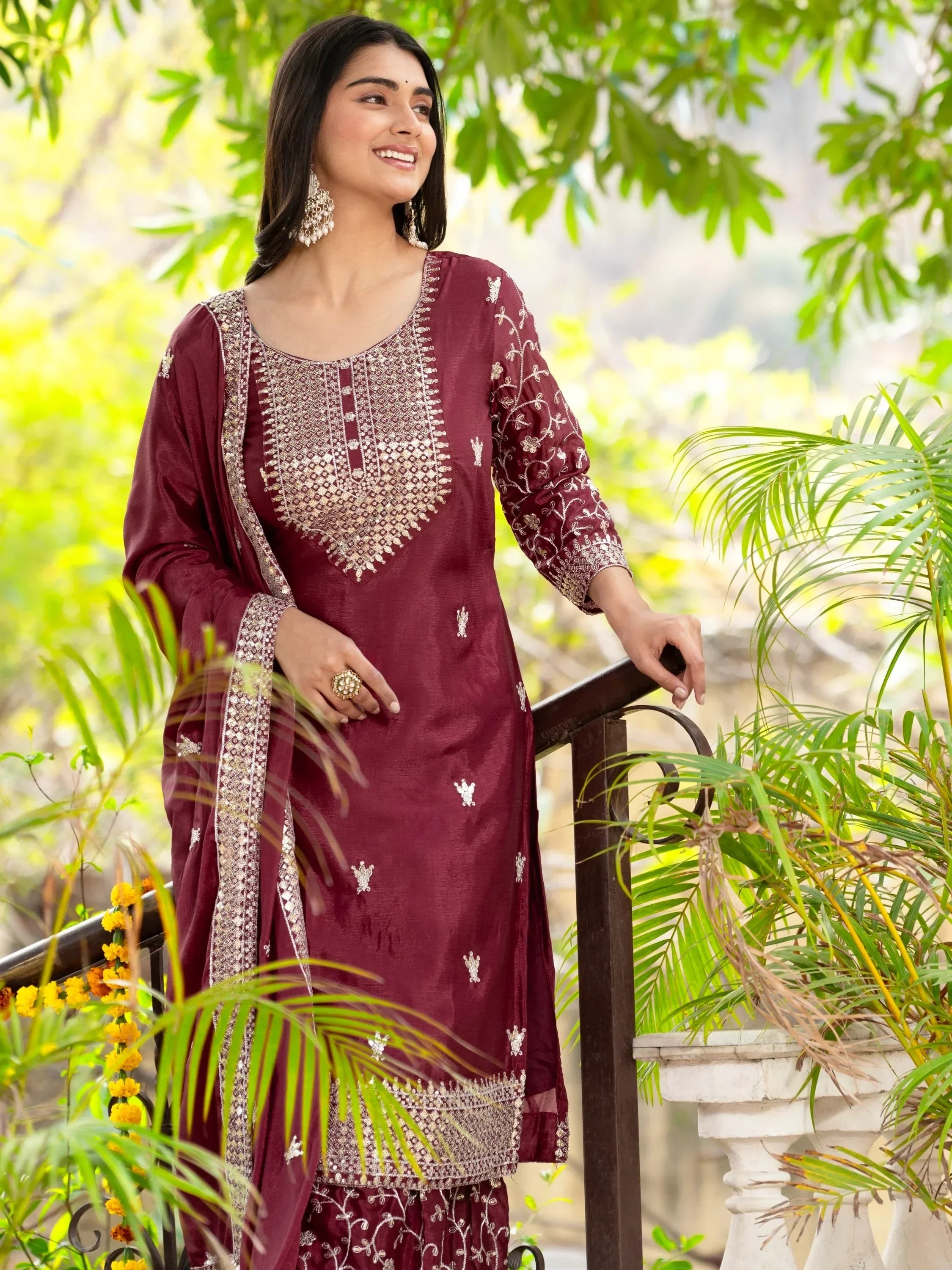 Maroon Gorgeous Sequins Chinon Festive Wear Sharara Suit With Dupatta