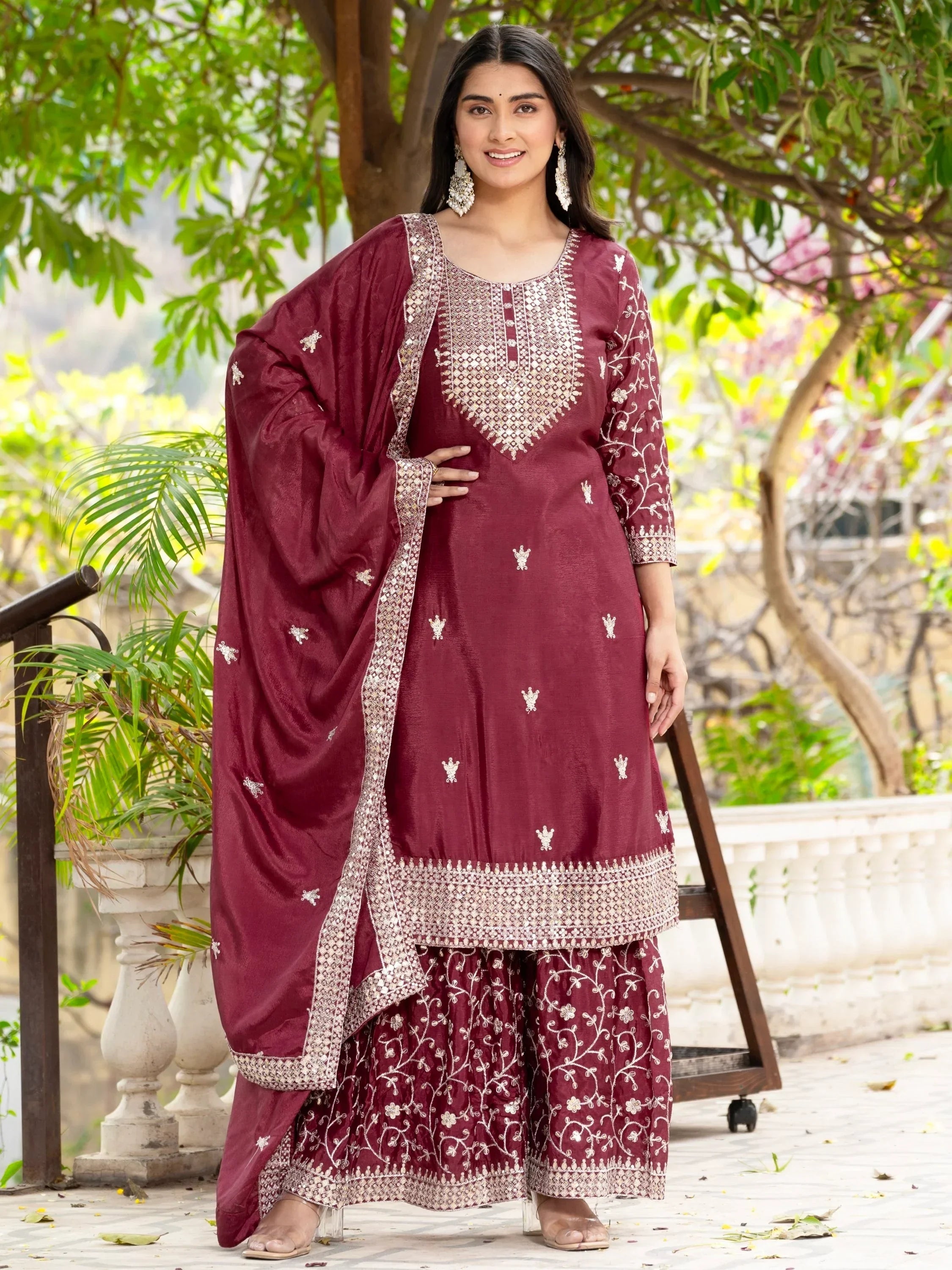 Maroon Gorgeous Sequins Chinon Festive Wear Sharara Suit With Dupatta