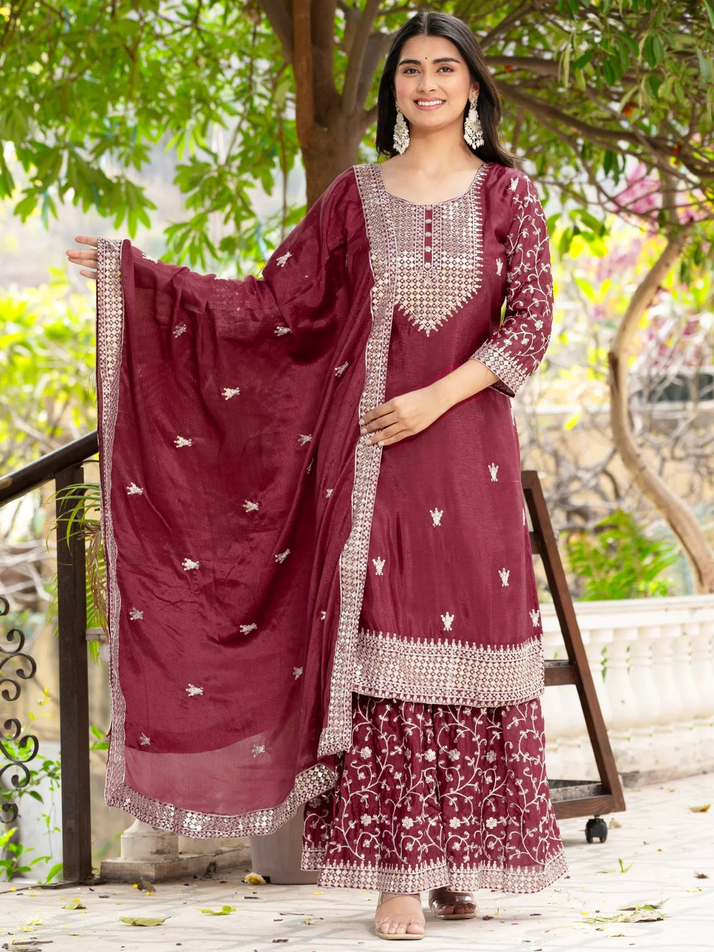 Maroon Gorgeous Sequins Chinon Festive Wear Sharara Suit With Dupatta