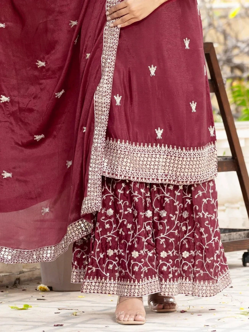 Maroon Gorgeous Sequins Chinon Festive Wear Sharara Suit With Dupatta