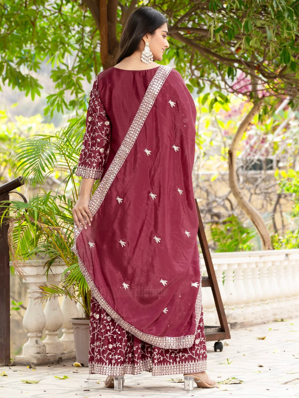 Maroon Gorgeous Sequins Chinon Festive Wear Sharara Suit With Dupatta