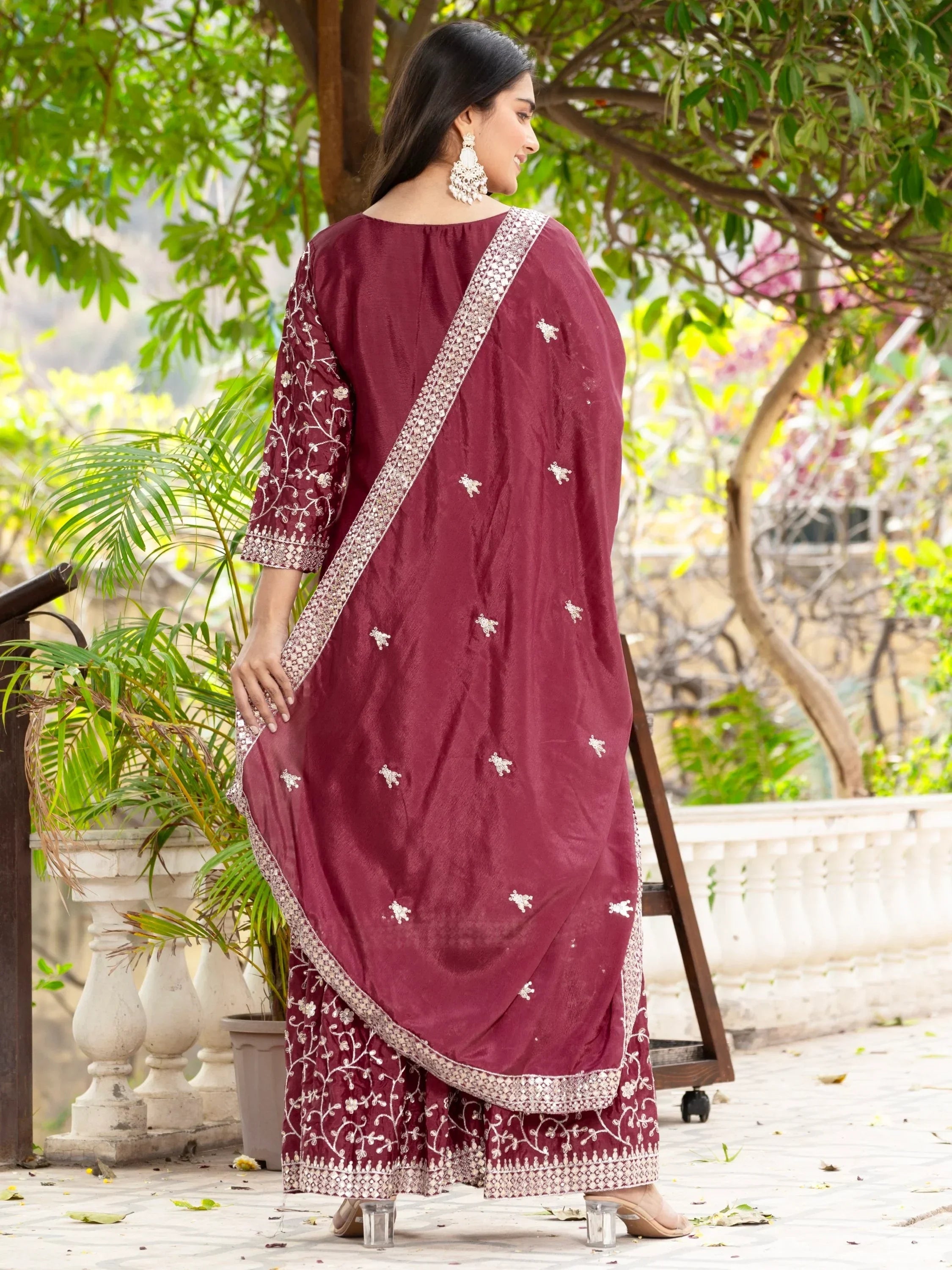 Maroon Gorgeous Sequins Chinon Festive Wear Sharara Suit With Dupatta