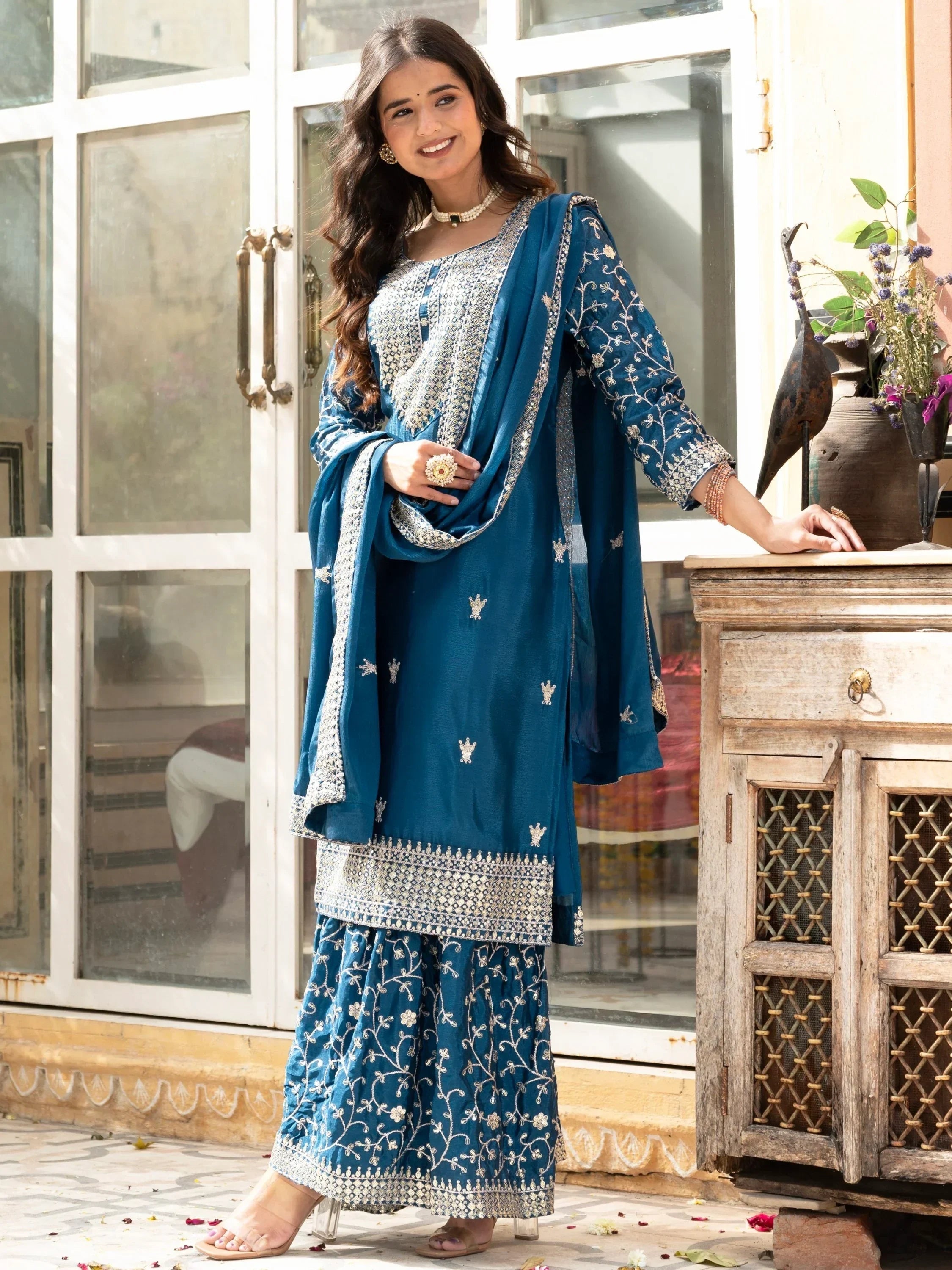 Teal Gorgeous Sequins Chinon Festive Wear Sharara Suit With Dupatta