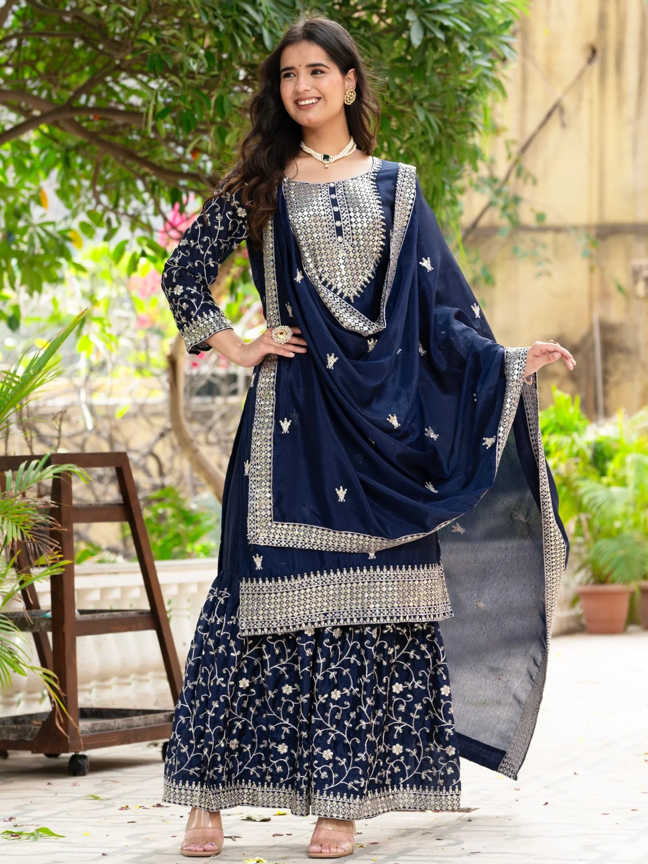 Navy Gorgeous Sequins Chinon Festive Wear Sharara Suit With Dupatta