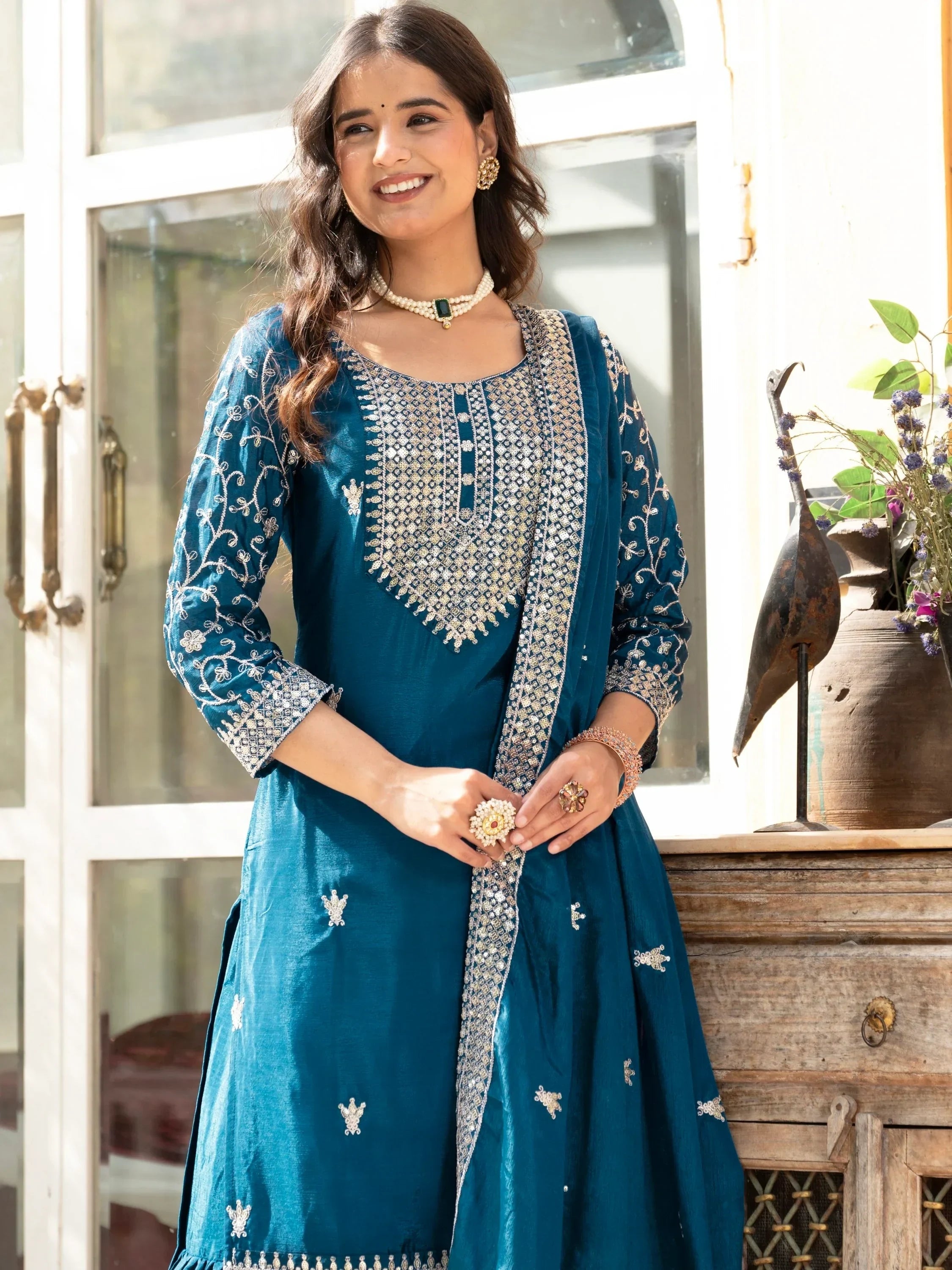 Teal Gorgeous Sequins Chinon Festive Wear Sharara Suit With Dupatta