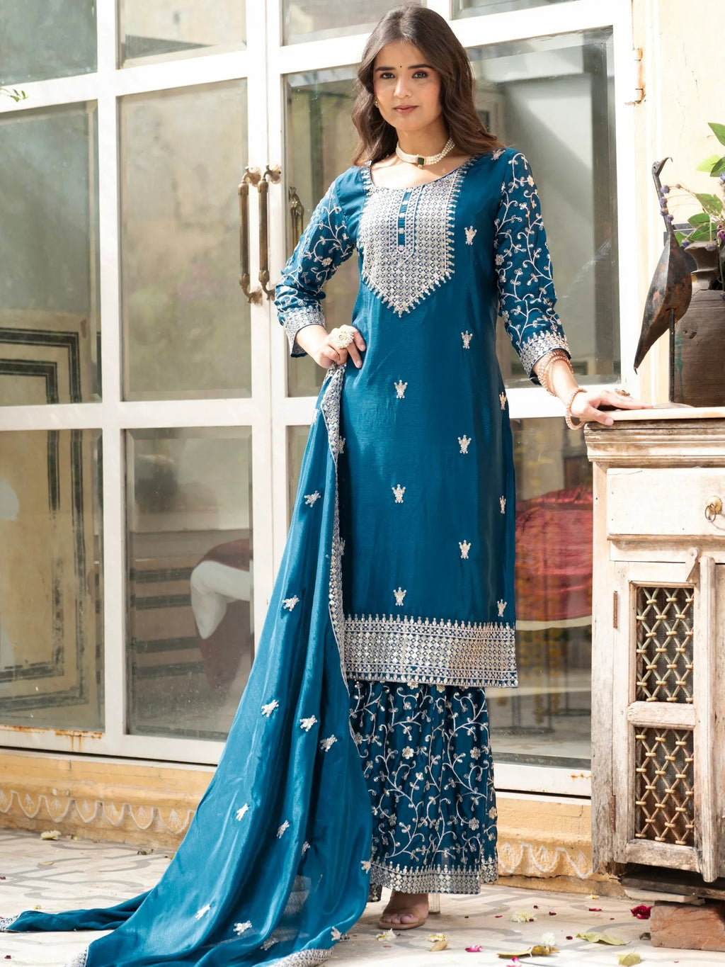 Teal Gorgeous Sequins Chinon Festive Wear Sharara Suit With Dupatta