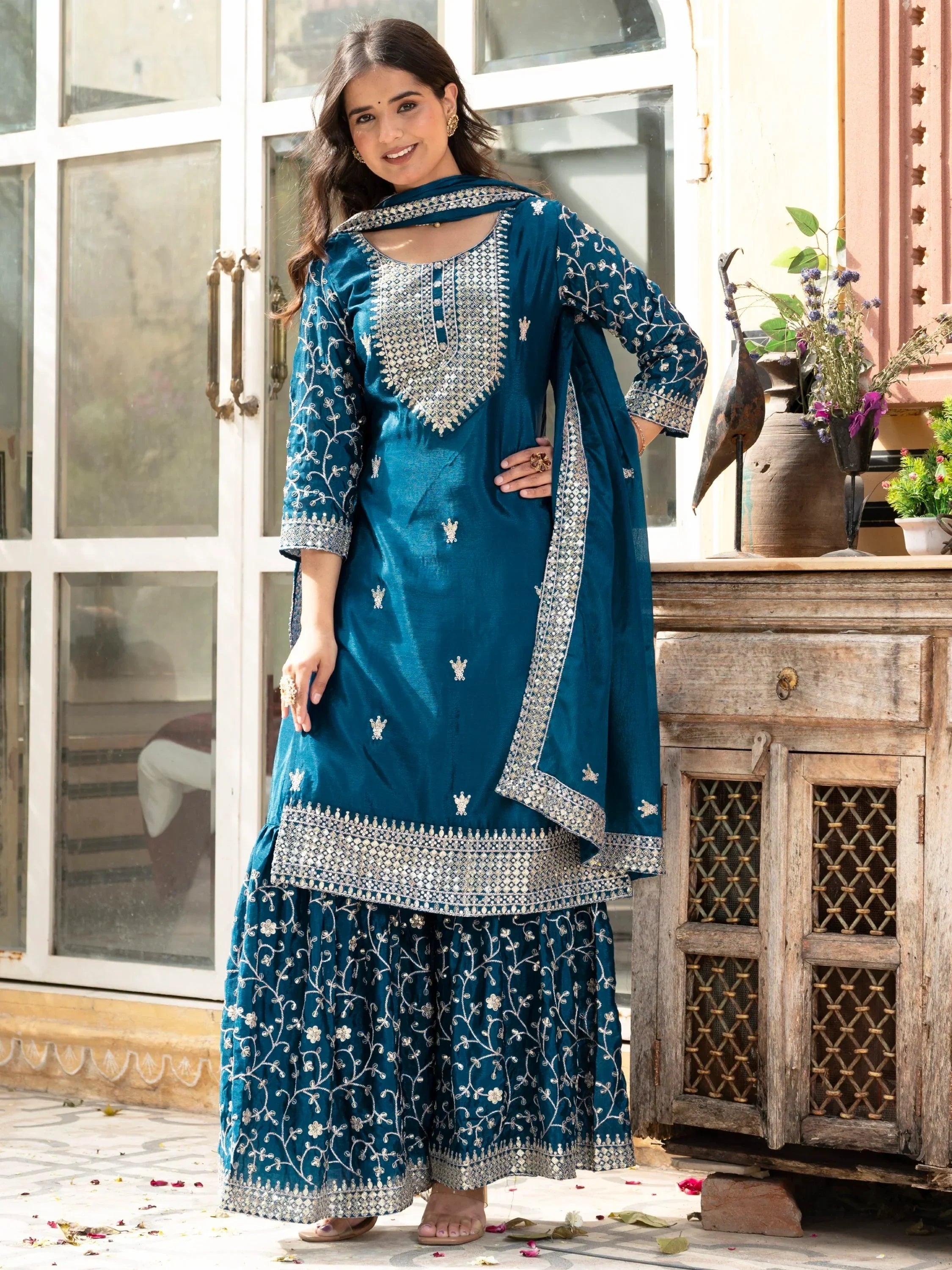 Teal Gorgeous Sequins Chinon Festive Wear Sharara Suit With Dupatta