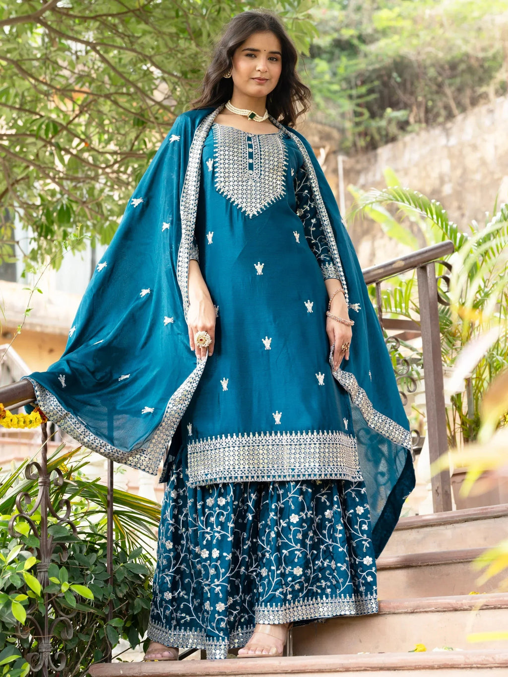 Teal Gorgeous Sequins Chinon Festive Wear Sharara Suit With Dupatta
