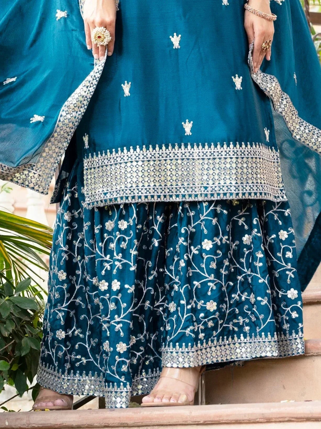 Teal Gorgeous Sequins Chinon Festive Wear Sharara Suit With Dupatta