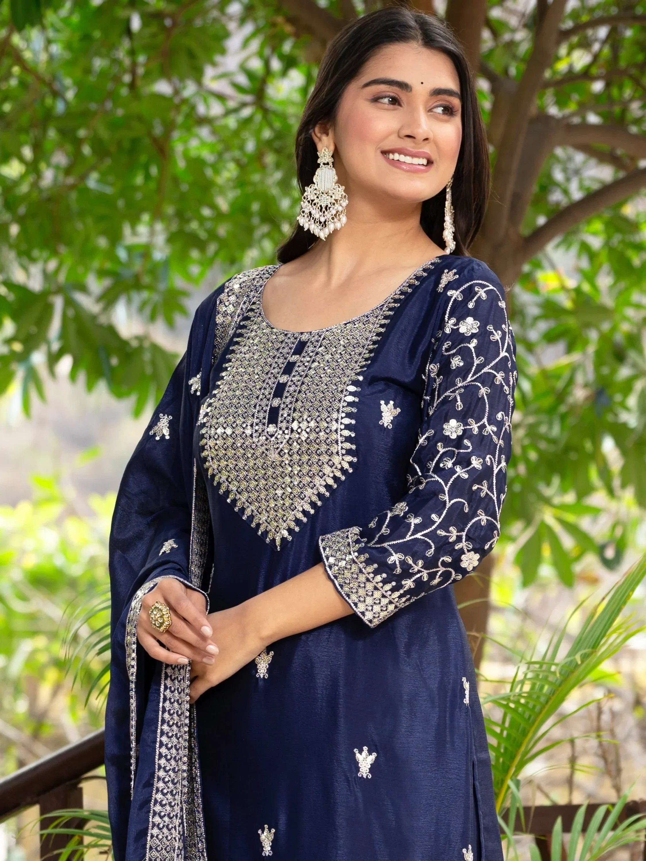 Navy Gorgeous Sequins Chinon Festive Wear Sharara Suit With Dupatta