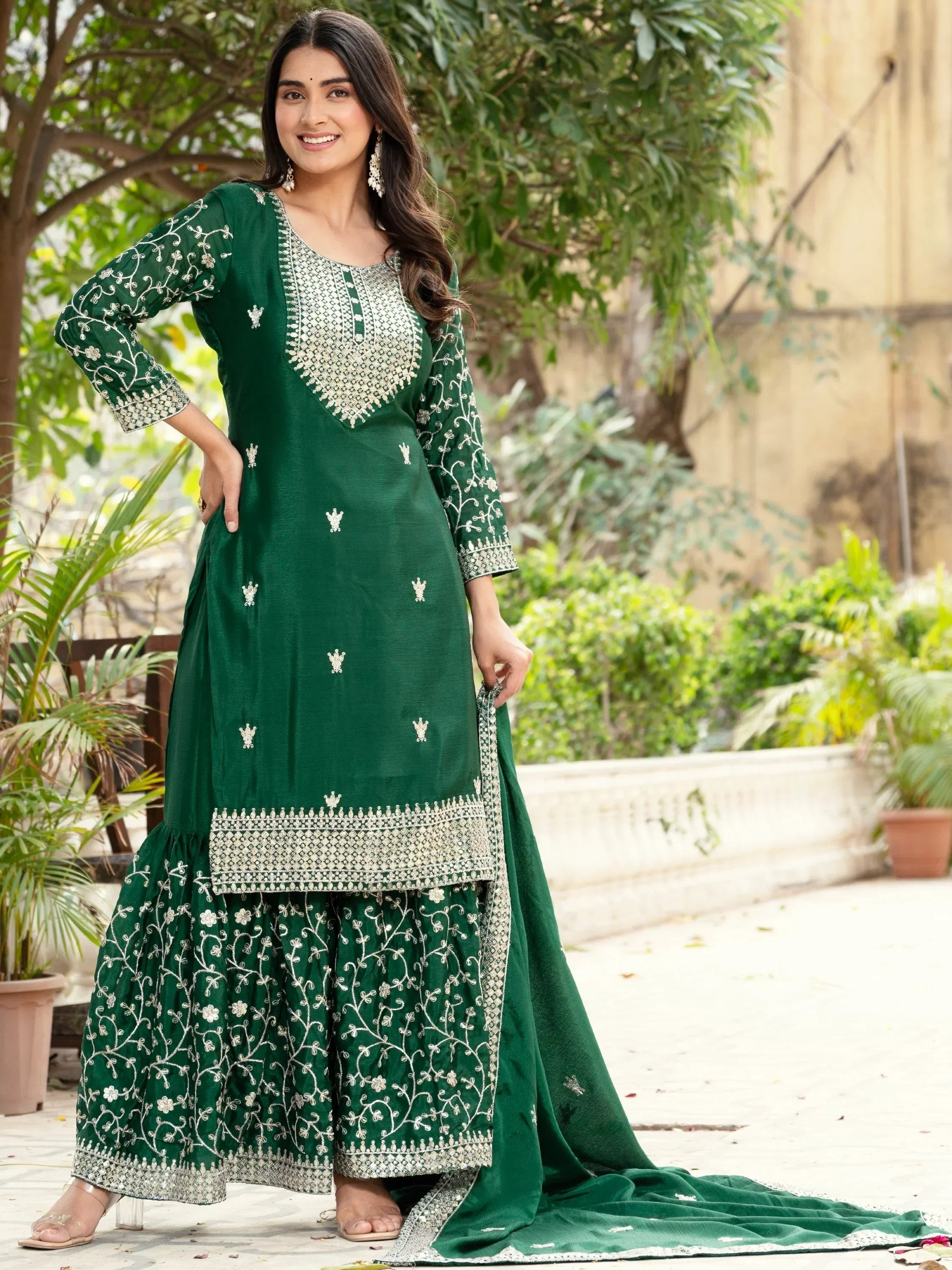 Green Gorgeous Sequins Chinon Festive Wear Sharara Suit With Dupatta