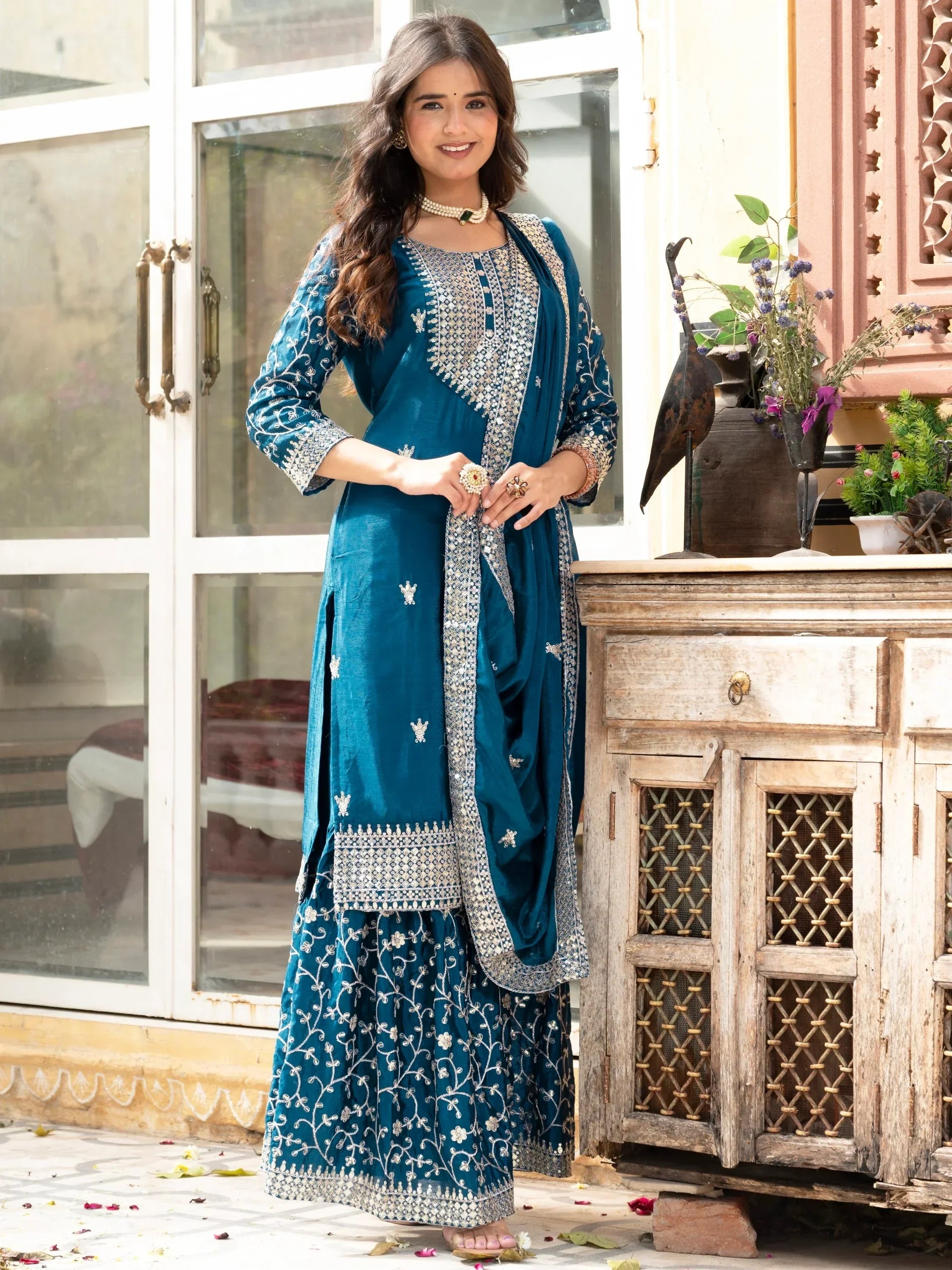 Teal Gorgeous Sequins Chinon Festive Wear Sharara Suit With Dupatta