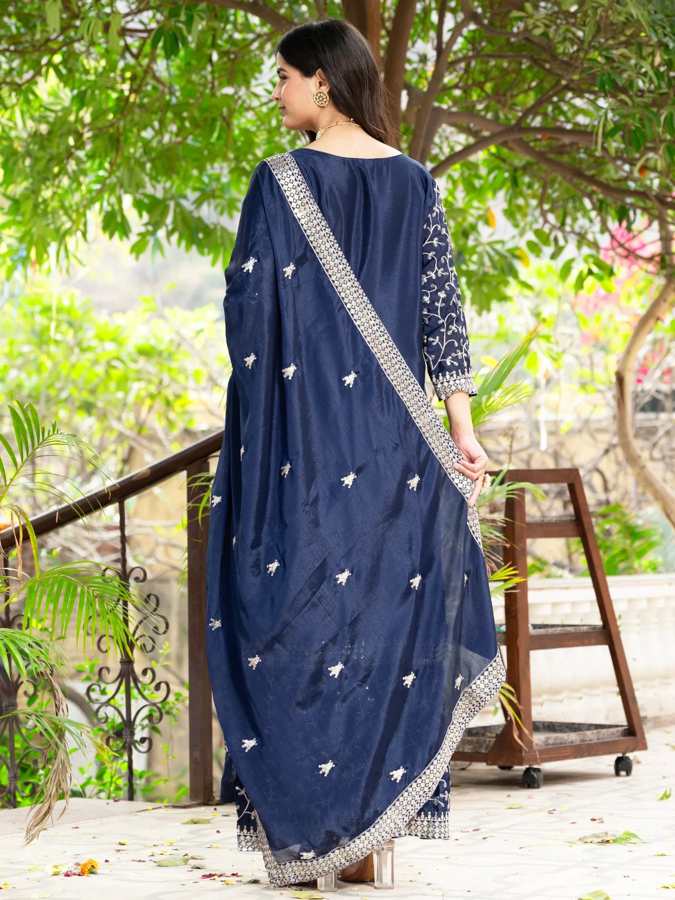 Navy Gorgeous Sequins Chinon Festive Wear Sharara Suit With Dupatta