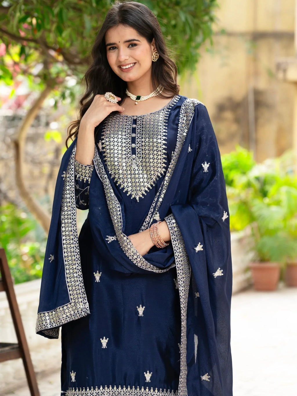 Navy Gorgeous Sequins Chinon Festive Wear Sharara Suit With Dupatta