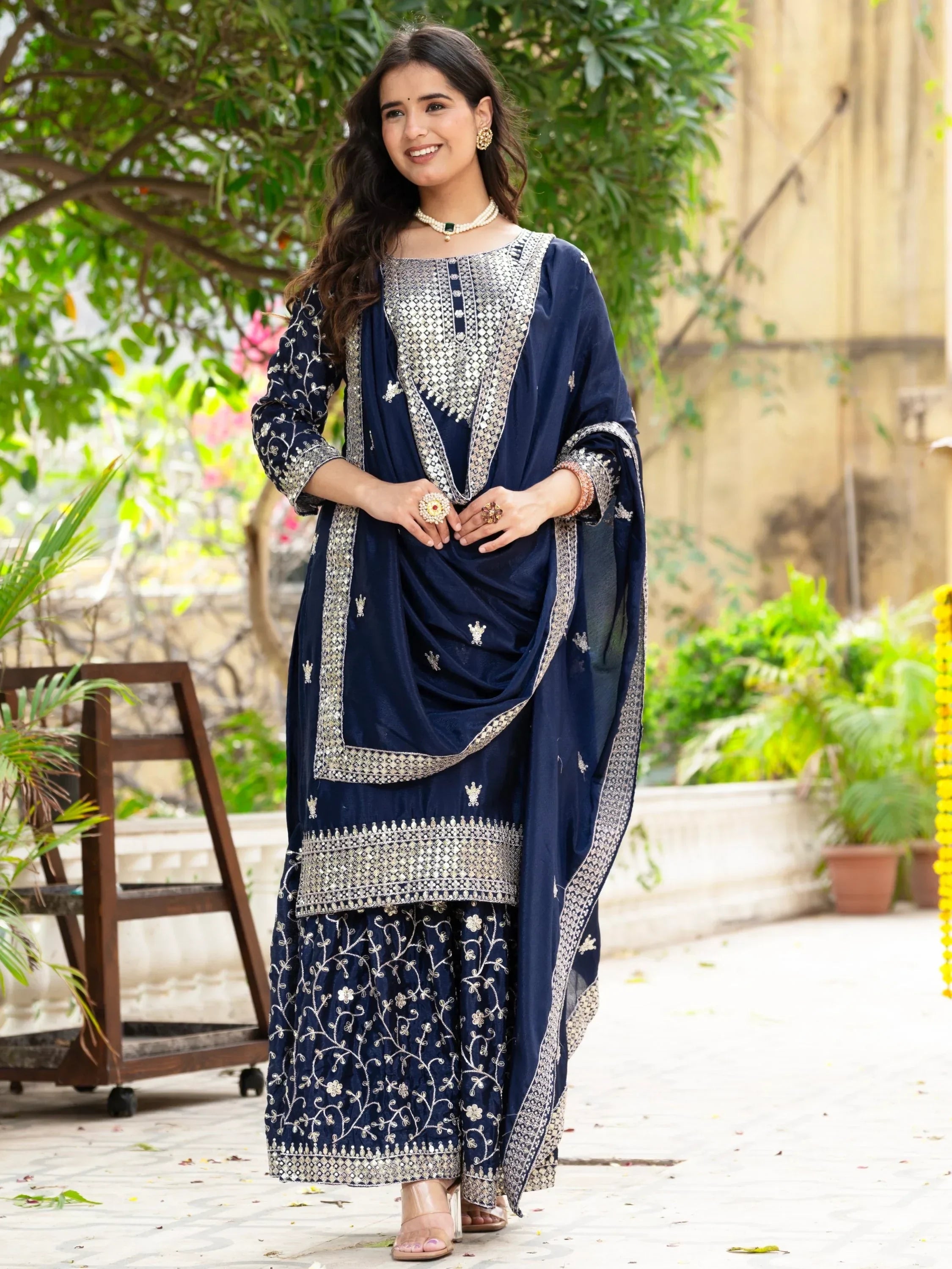Navy Gorgeous Sequins Chinon Festive Wear Sharara Suit With Dupatta