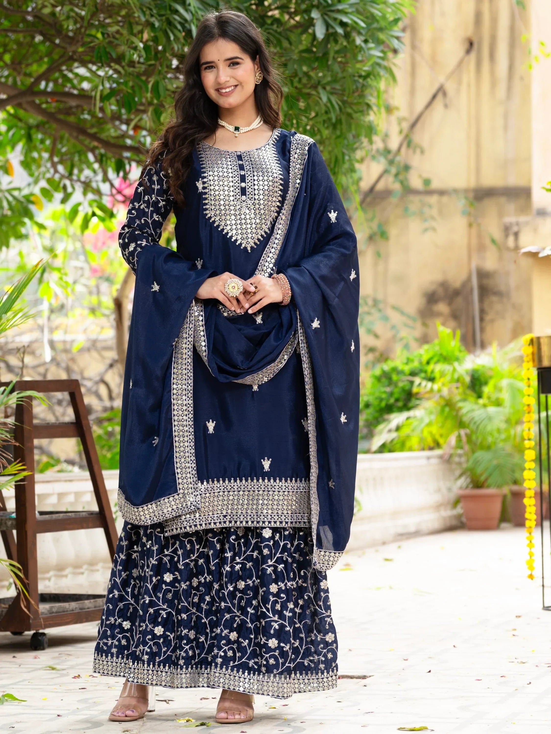 Navy Gorgeous Sequins Chinon Festive Wear Sharara Suit With Dupatta