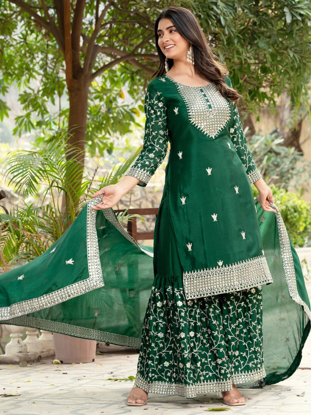 Green Gorgeous Sequins Chinon Festive Wear Sharara Suit With Dupatta