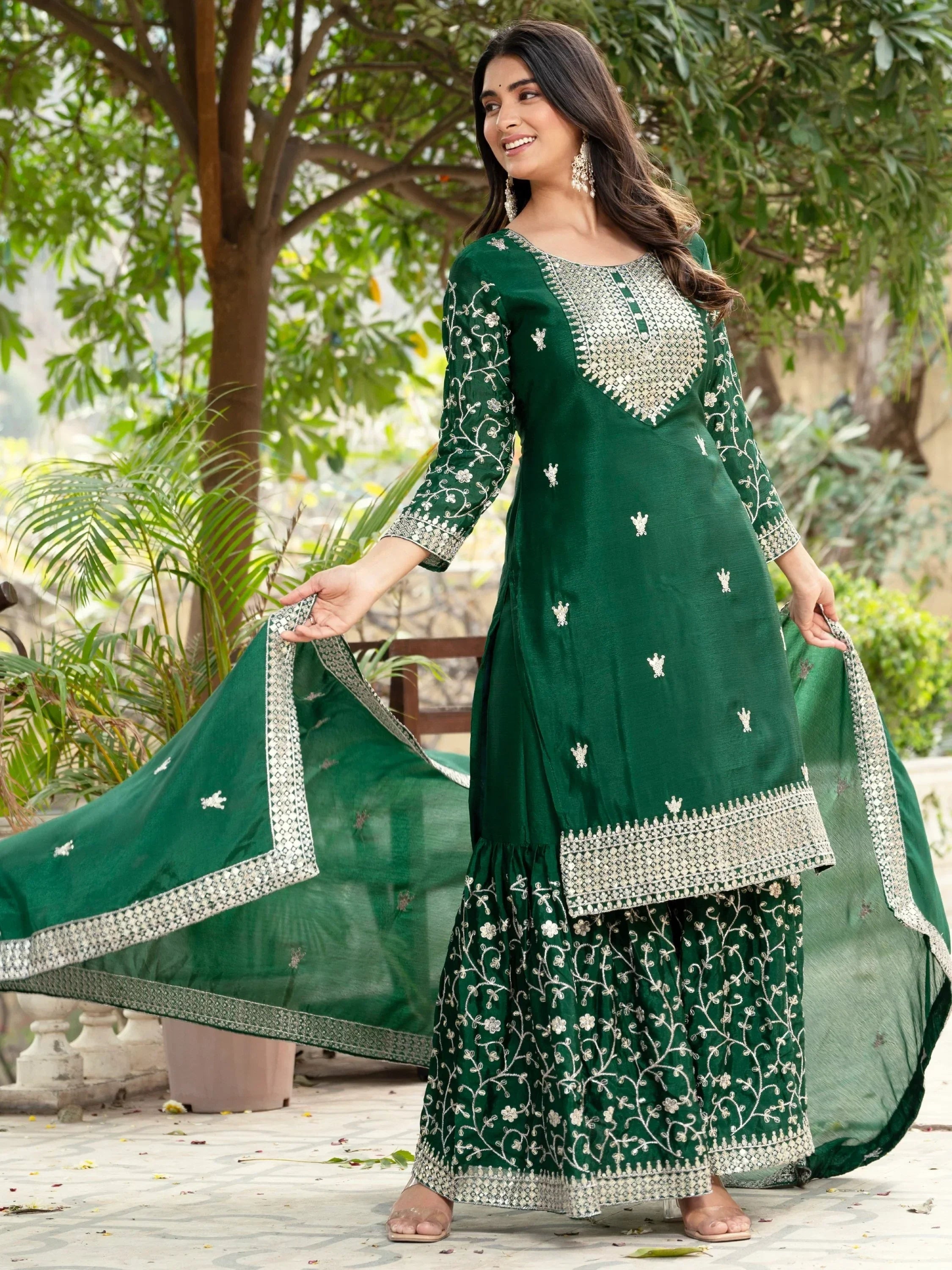 Green Gorgeous Sequins Chinon Festive Wear Sharara Suit With Dupatta