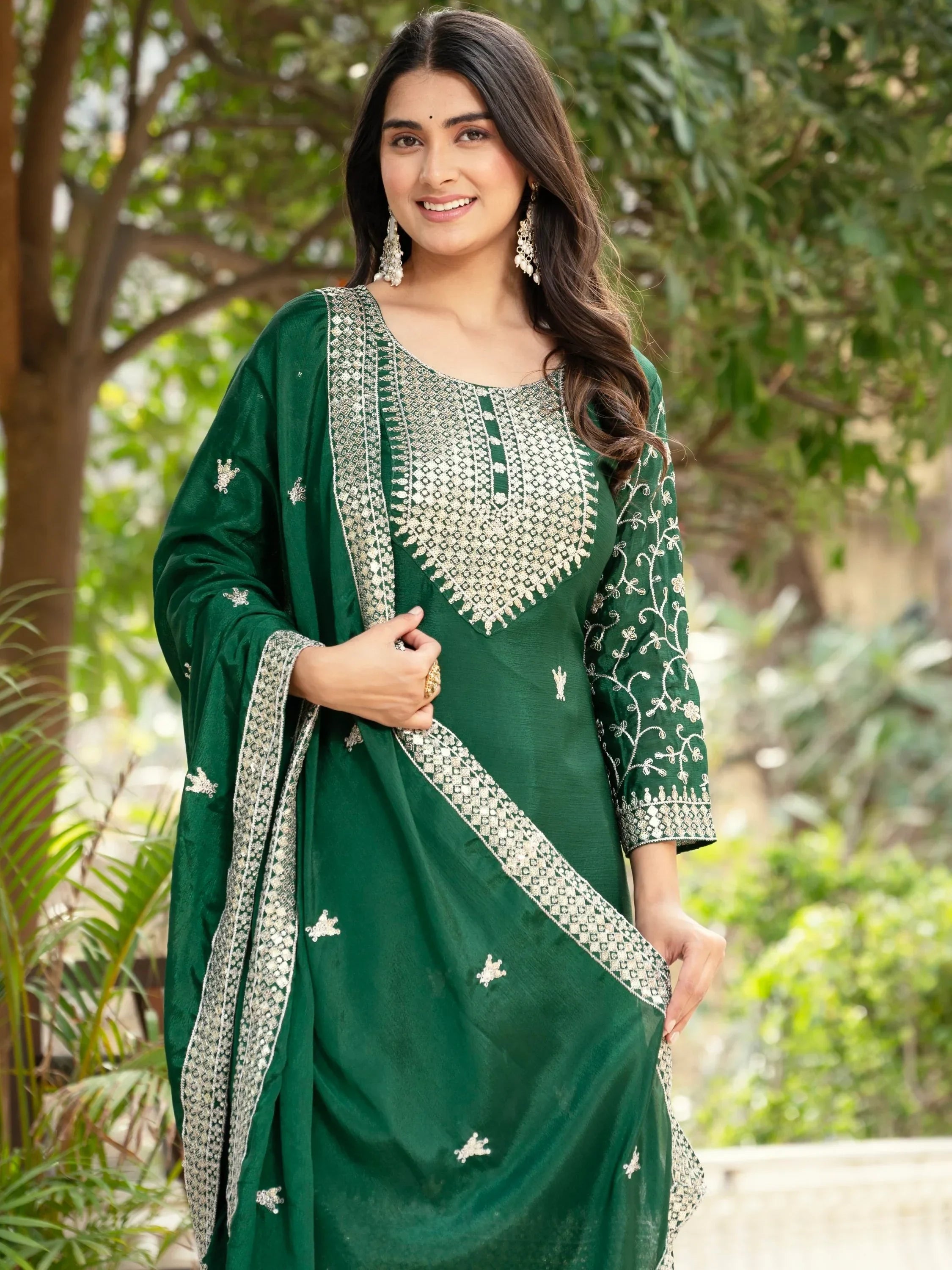 Green Gorgeous Sequins Chinon Festive Wear Sharara Suit With Dupatta
