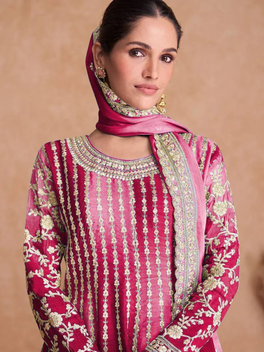 Adorable Pink Embroidered Chinon Festival Wear Salwar Suits
