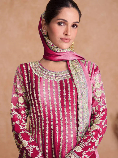 Adorable Pink Embroidered Chinon Festival Wear Salwar Suits