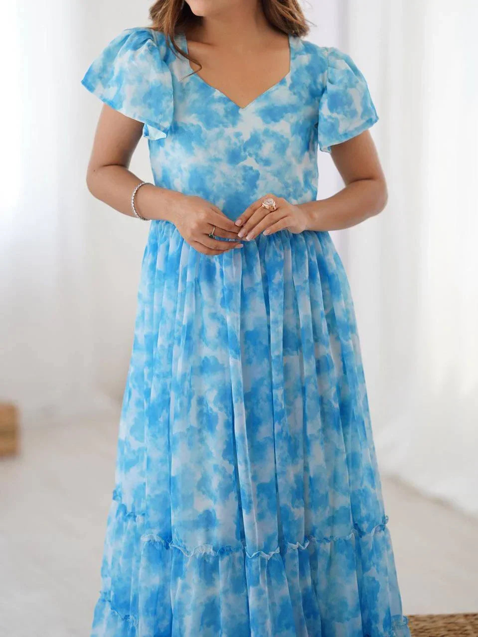 Sky Blue Charming Printed Georgette Casual Wear Dress