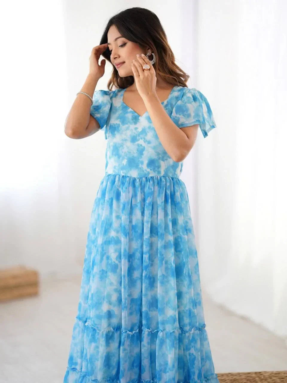 Sky Blue Charming Printed Georgette Casual Wear Dress