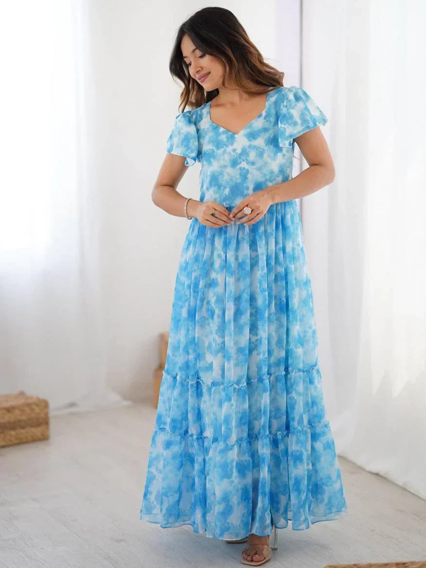 Sky Blue Charming Printed Georgette Casual Wear Dress