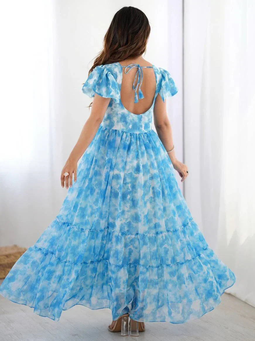 Sky Blue Charming Printed Georgette Casual Wear Dress