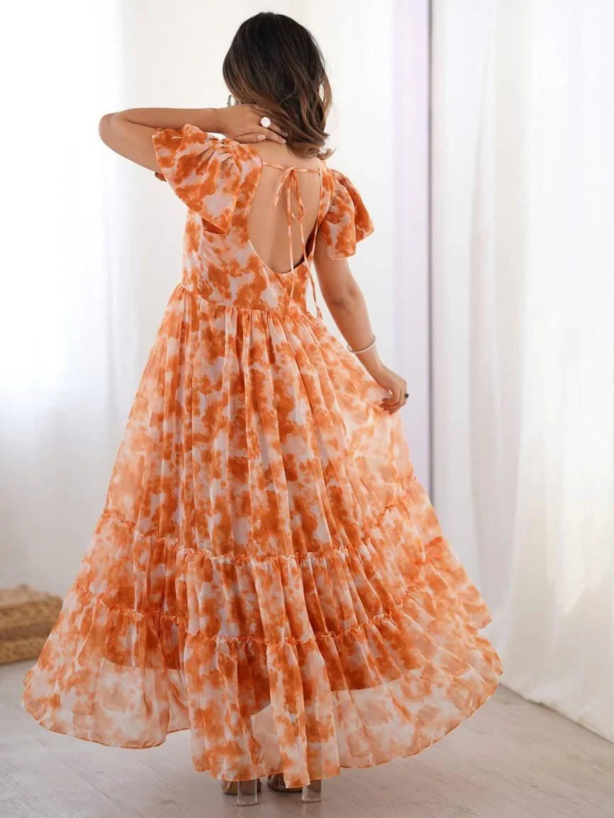 Orange Charming Printed Georgette Casual Wear Dress