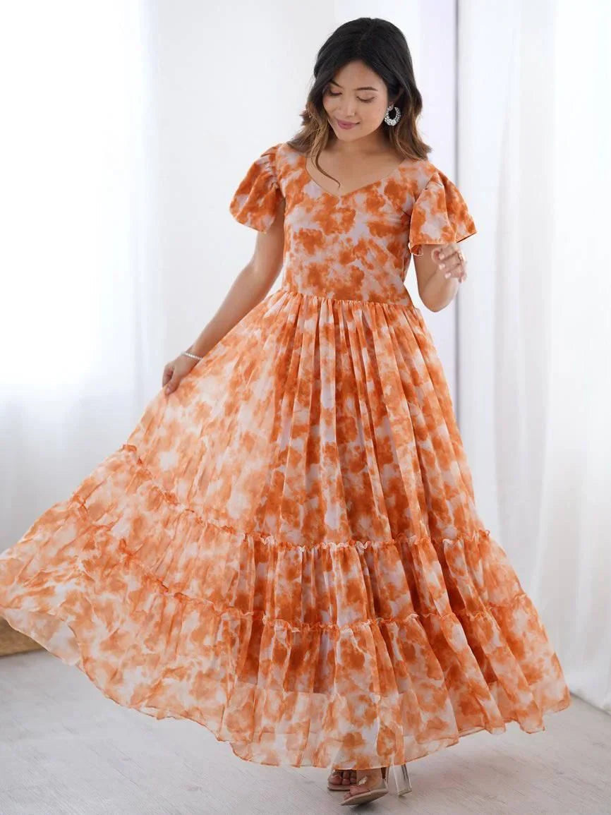 Orange Charming Printed Georgette Casual Wear Dress
