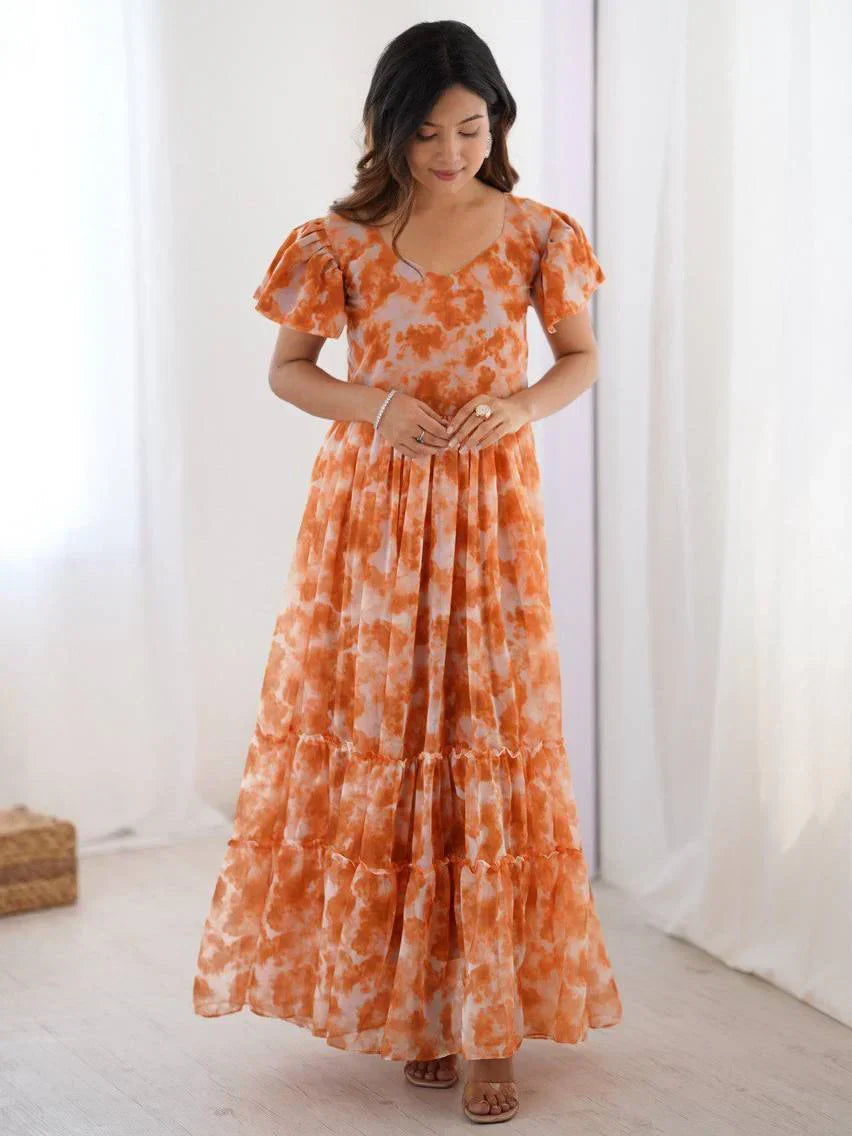 Orange Charming Printed Georgette Casual Wear Dress