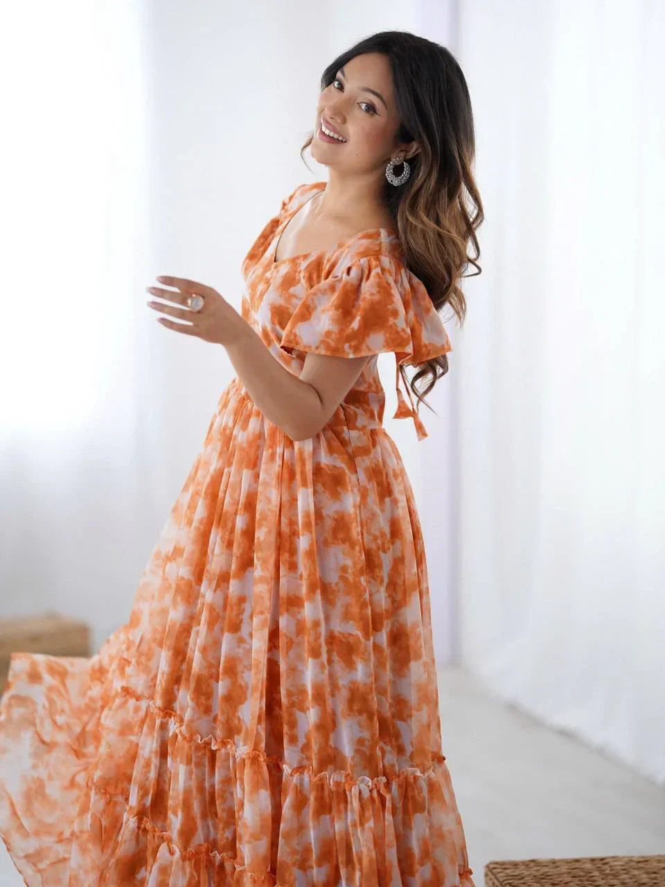 Orange Charming Printed Georgette Casual Wear Dress