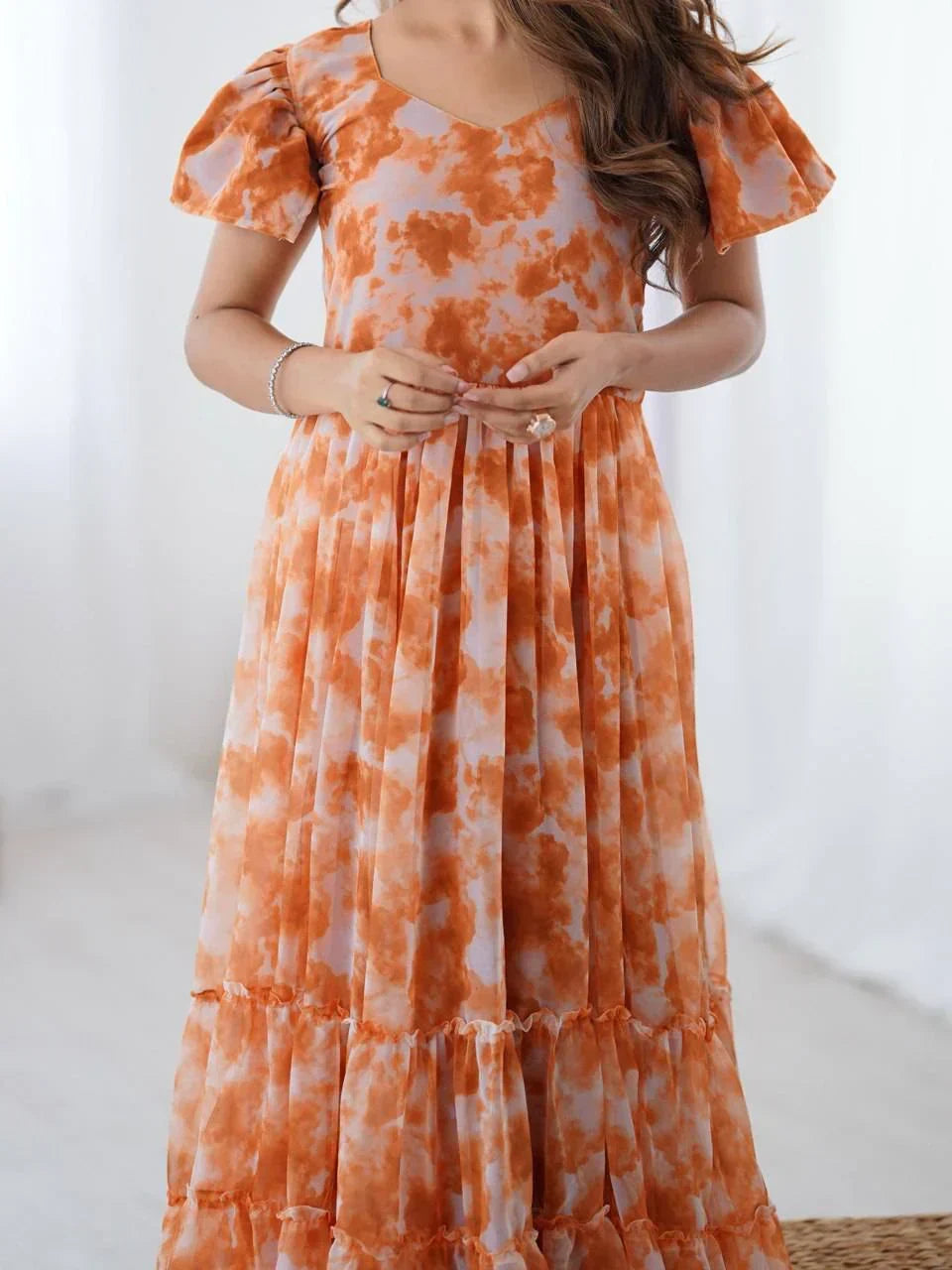 Orange Charming Printed Georgette Casual Wear Dress