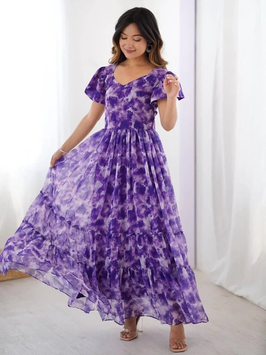 Purple Charming Printed Georgette Casual Wear Dress