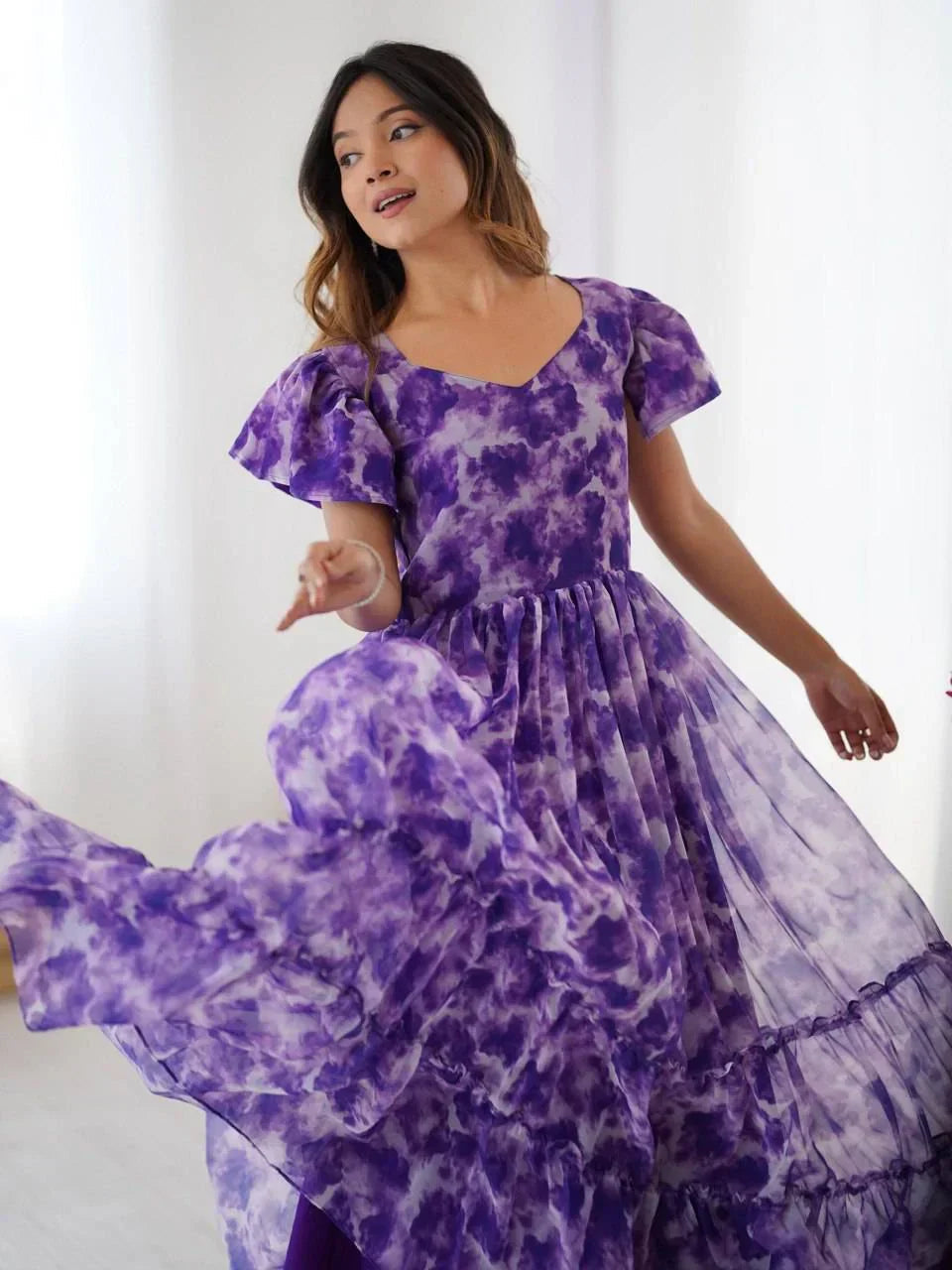Purple Charming Printed Georgette Casual Wear Dress