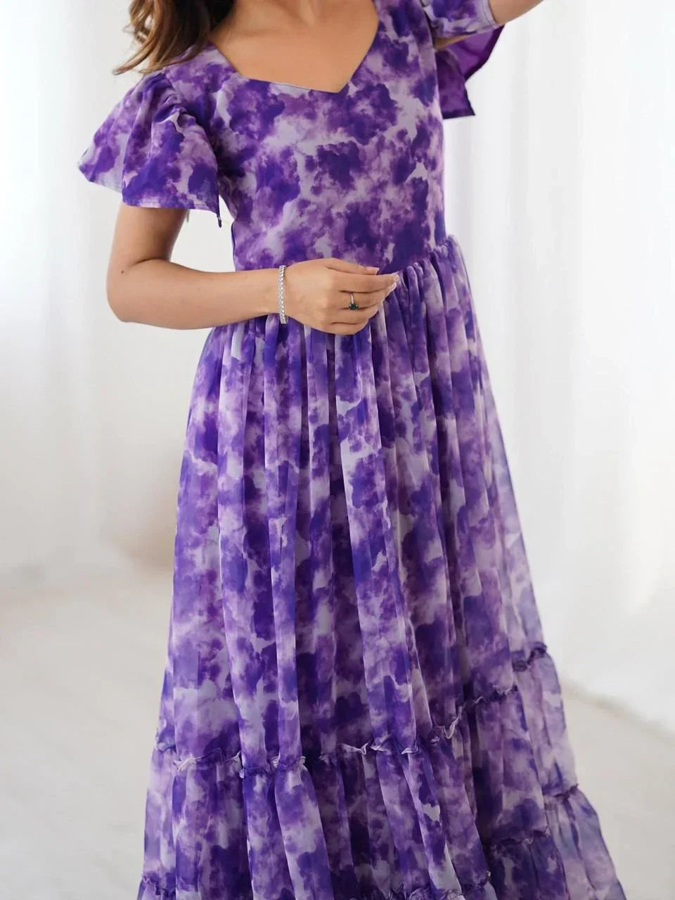 Purple Charming Printed Georgette Casual Wear Dress