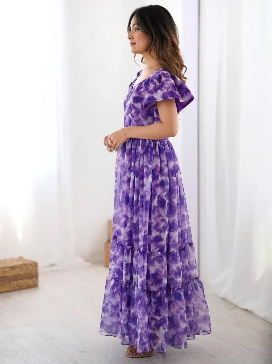 Purple Charming Printed Georgette Casual Wear Dress