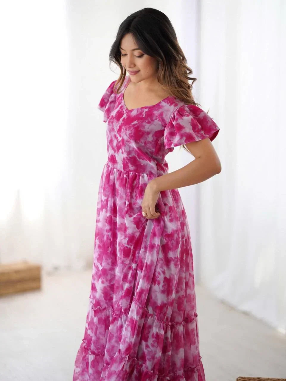 Hot Pink Charming Printed Georgette Casual Wear Dress