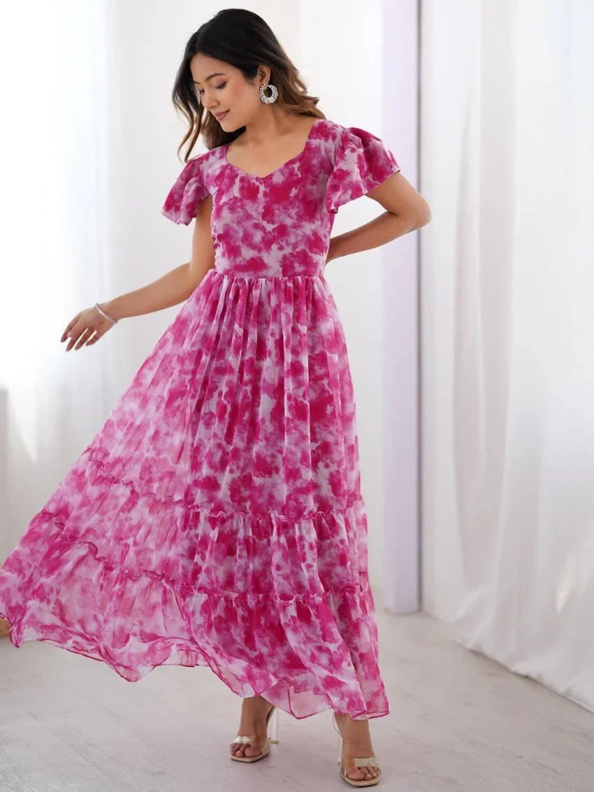 Hot Pink Charming Printed Georgette Casual Wear Dress