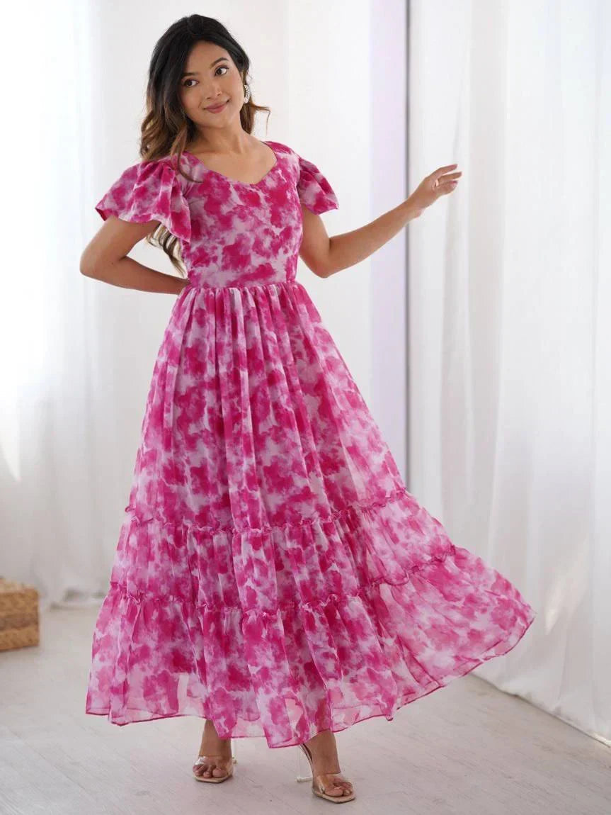 Hot Pink Charming Printed Georgette Casual Wear Dress