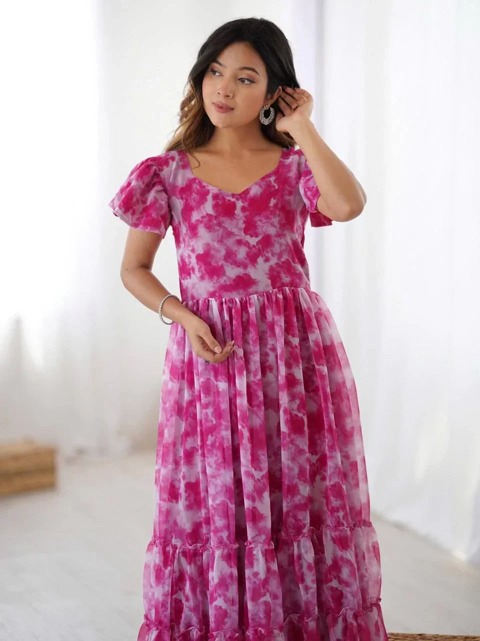 Hot Pink Charming Printed Georgette Casual Wear Dress