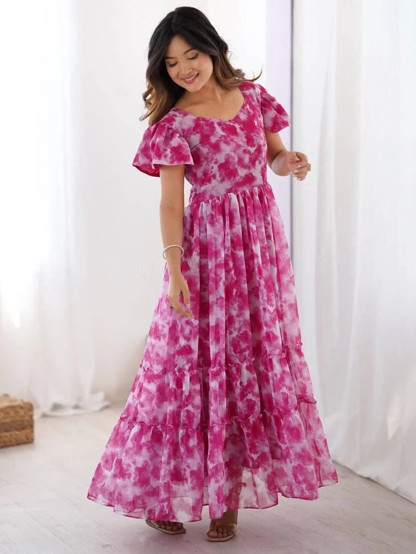 Hot Pink Charming Printed Georgette Casual Wear Dress