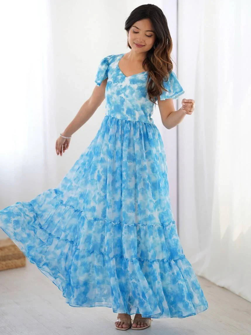 Sky Blue Charming Printed Georgette Casual Wear Dress